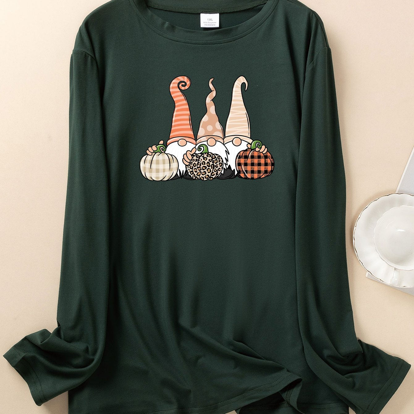 Women's Plus Gnomes & Pumpkin Print Long Sleeve Top