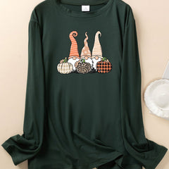 Women's Plus Gnomes & Pumpkin Print Long Sleeve Top