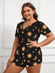 Sun & Moon & Star Print Button Up Romper