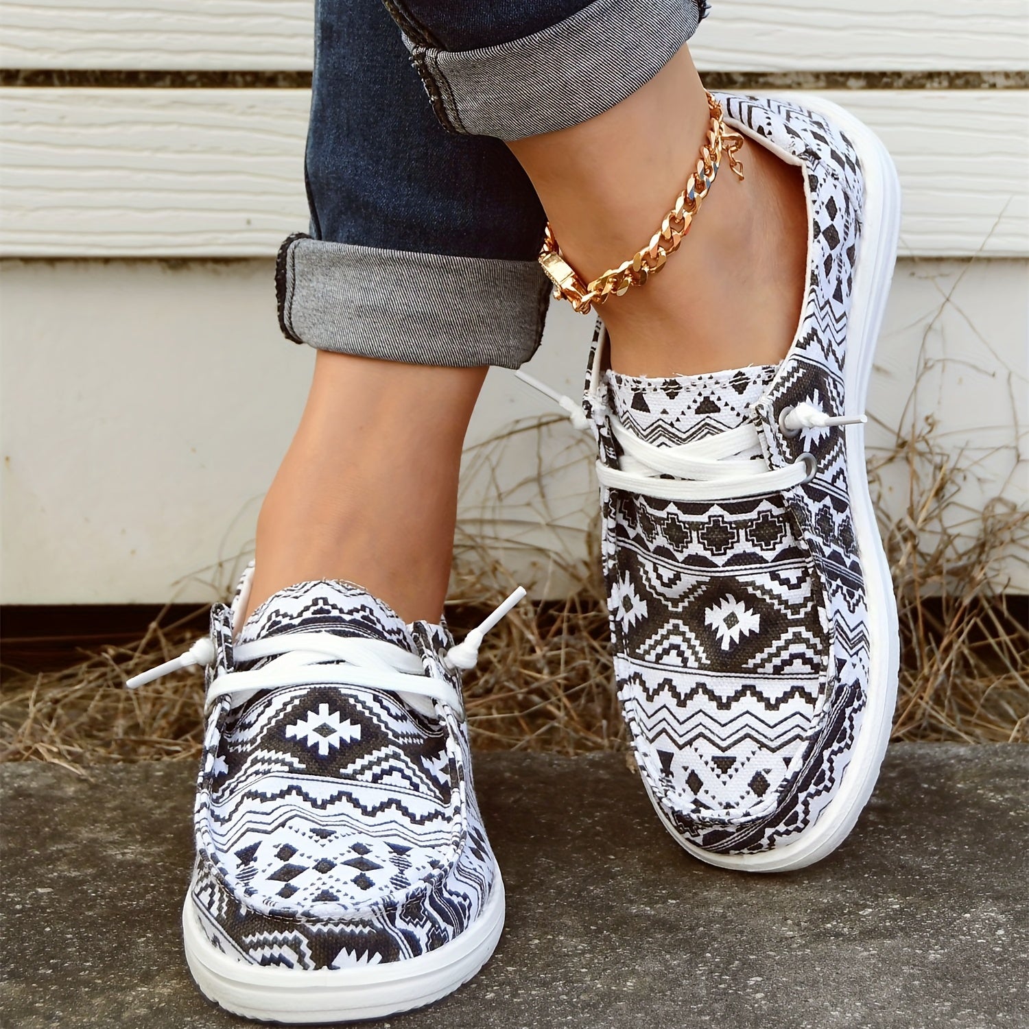 Boho Pattern Boat Shoes Lace Up Lightweight Walking Shoes Slip on Canvas Shoes