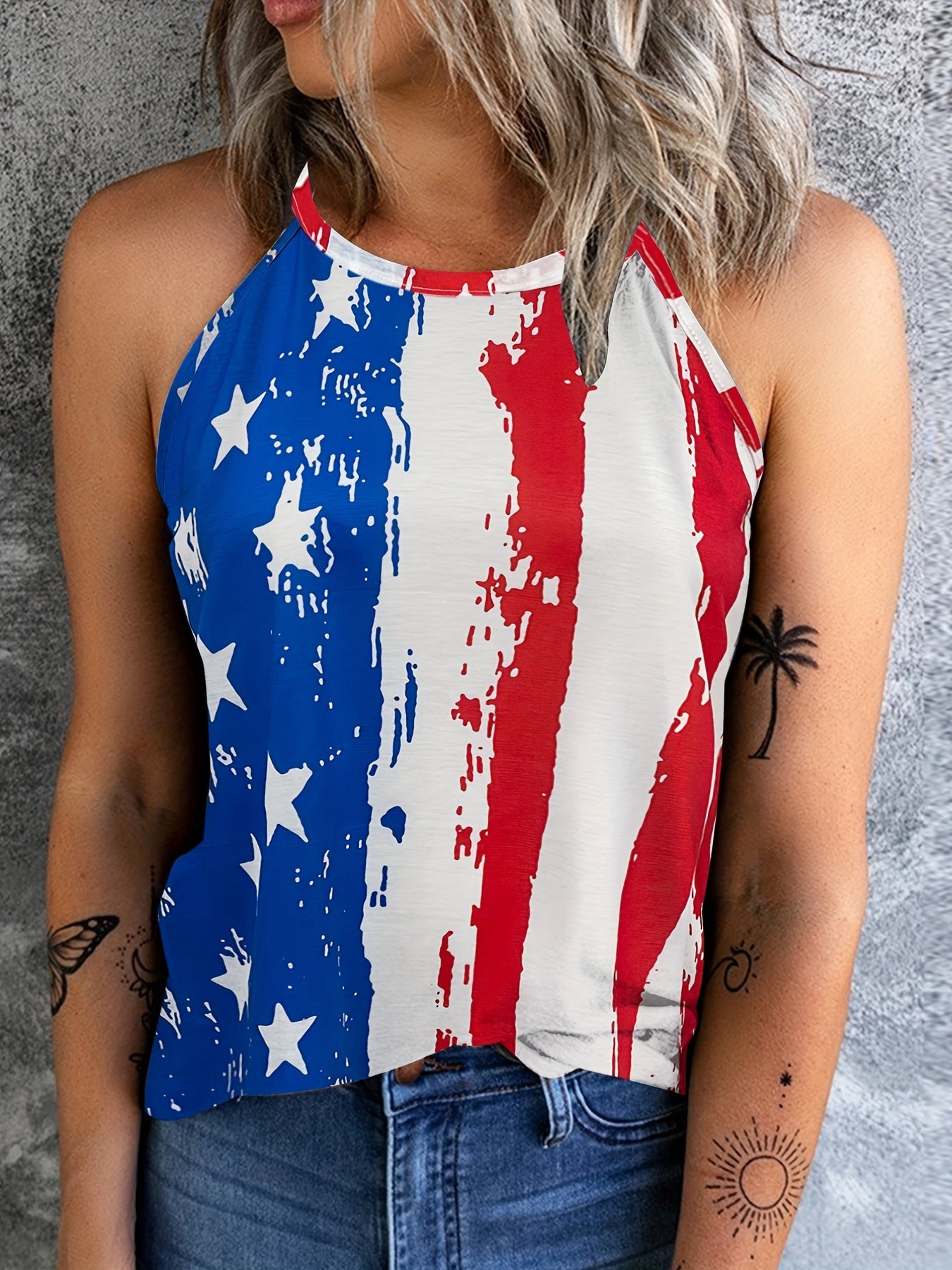 American Flag Print Halter Top Sleeveless Summer Top