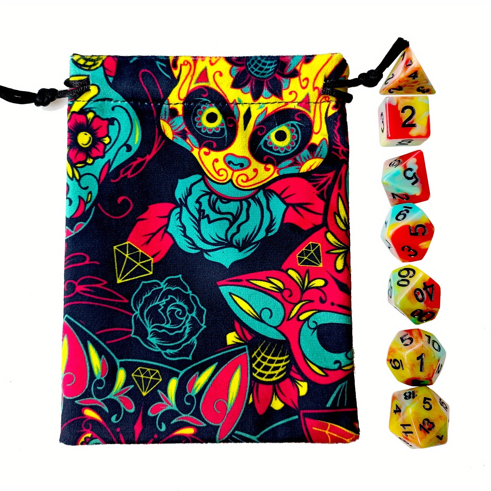 Rainbow Skull Dice Set with Drawstring Bag for Table Game