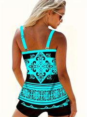 Geo Print Tankini Set Women's Cami Top & Shorts Swimsuit 2 Piece Set
