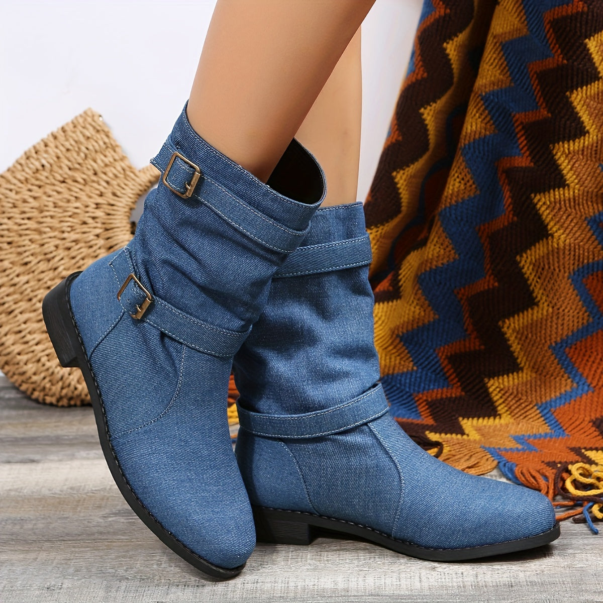 Women's Denim Chunky Heel Boots Slip On Dress Boots