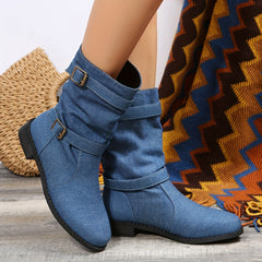 Women's Denim Chunky Heel Boots Slip On Dress Boots
