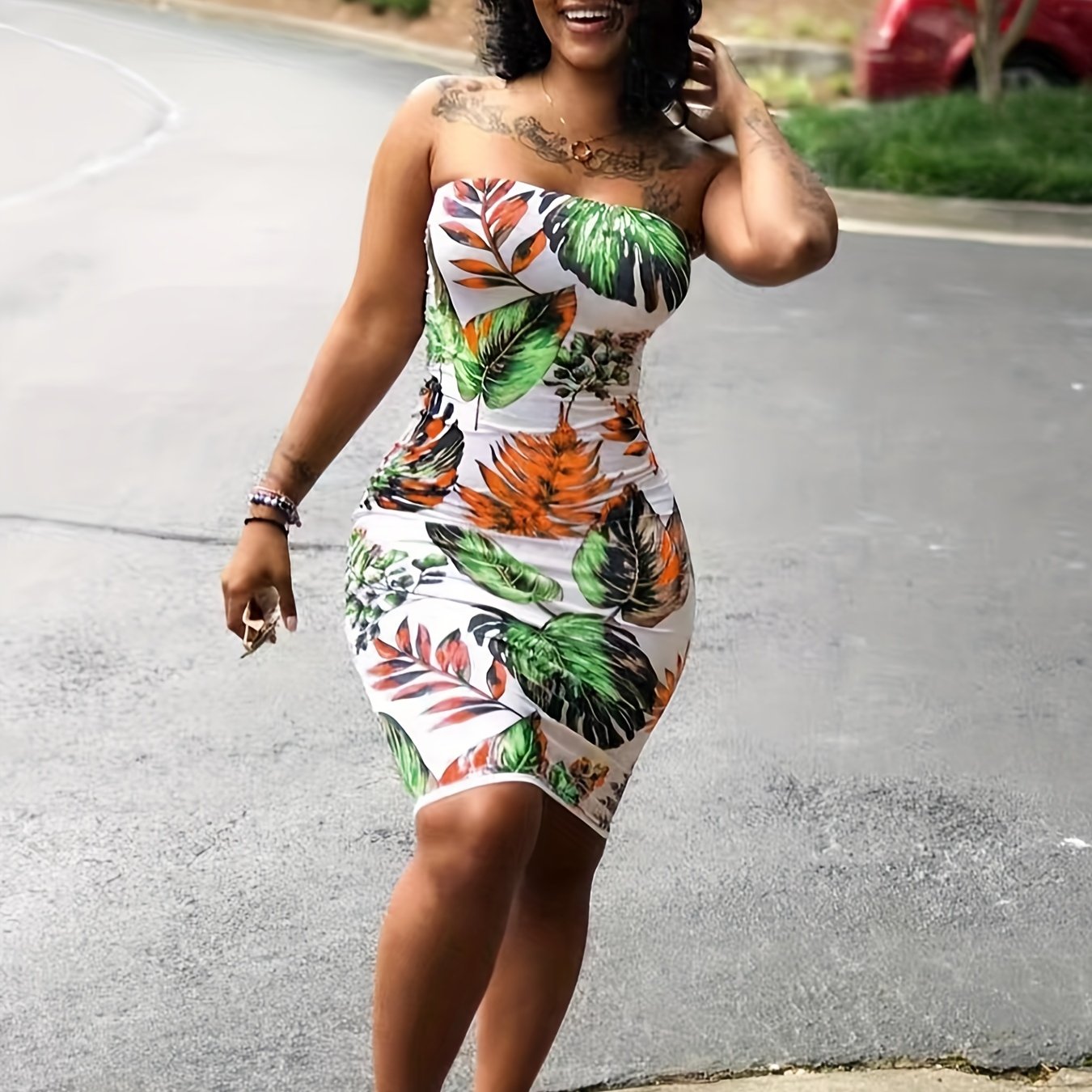 Tropical Print Strapless Midi Slim Fit Tube Dress