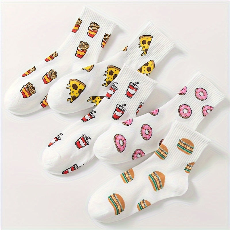 5 Pairs Striped Dino Ribbed Socks Breathable Mid Tube Women's Hosiery