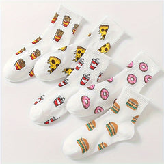 5 Pairs Striped Dino Ribbed Socks Breathable Mid Tube Women's Hosiery