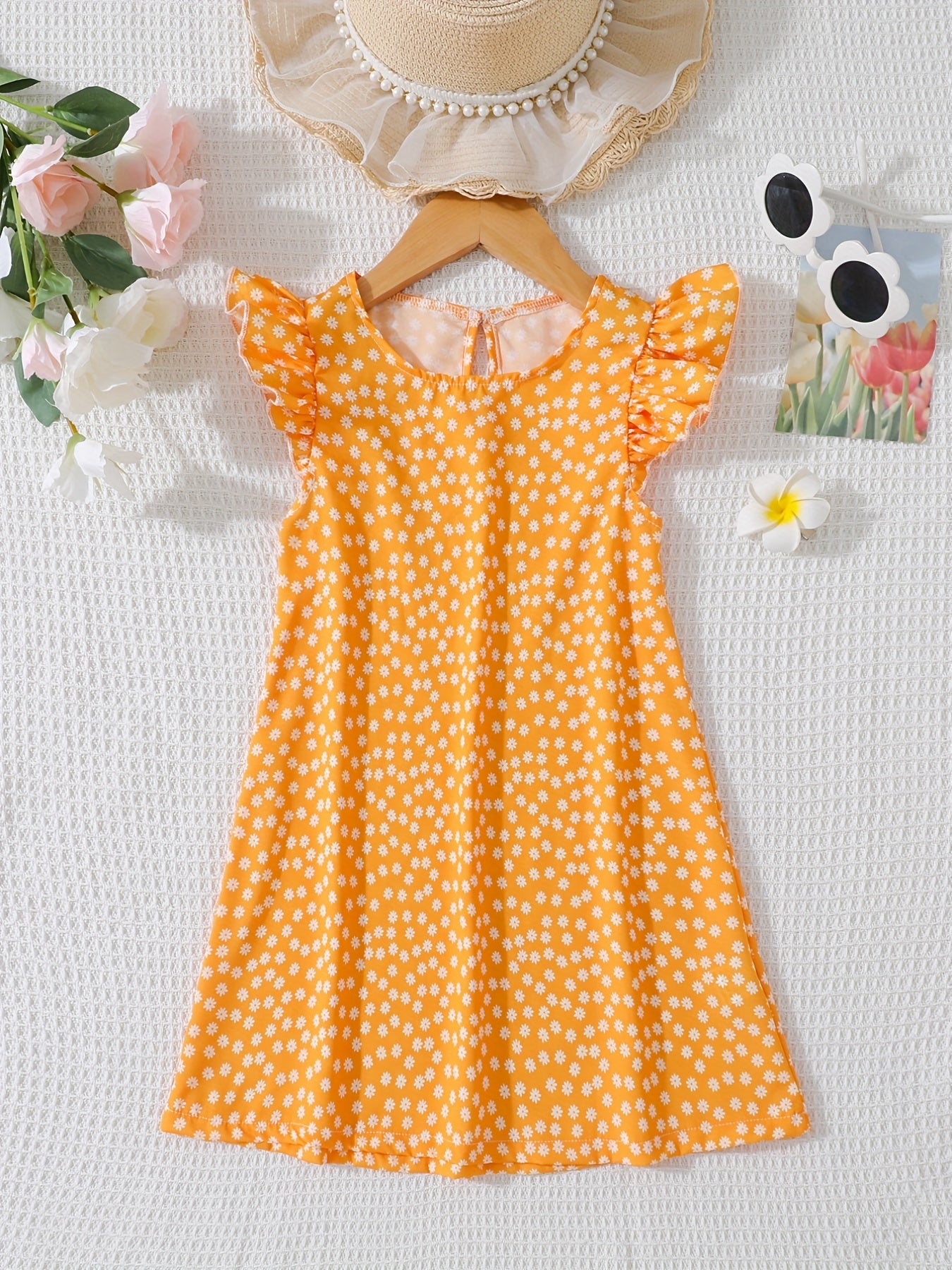 Girls Daisy Floral Print Ruffle Sleeve Dress