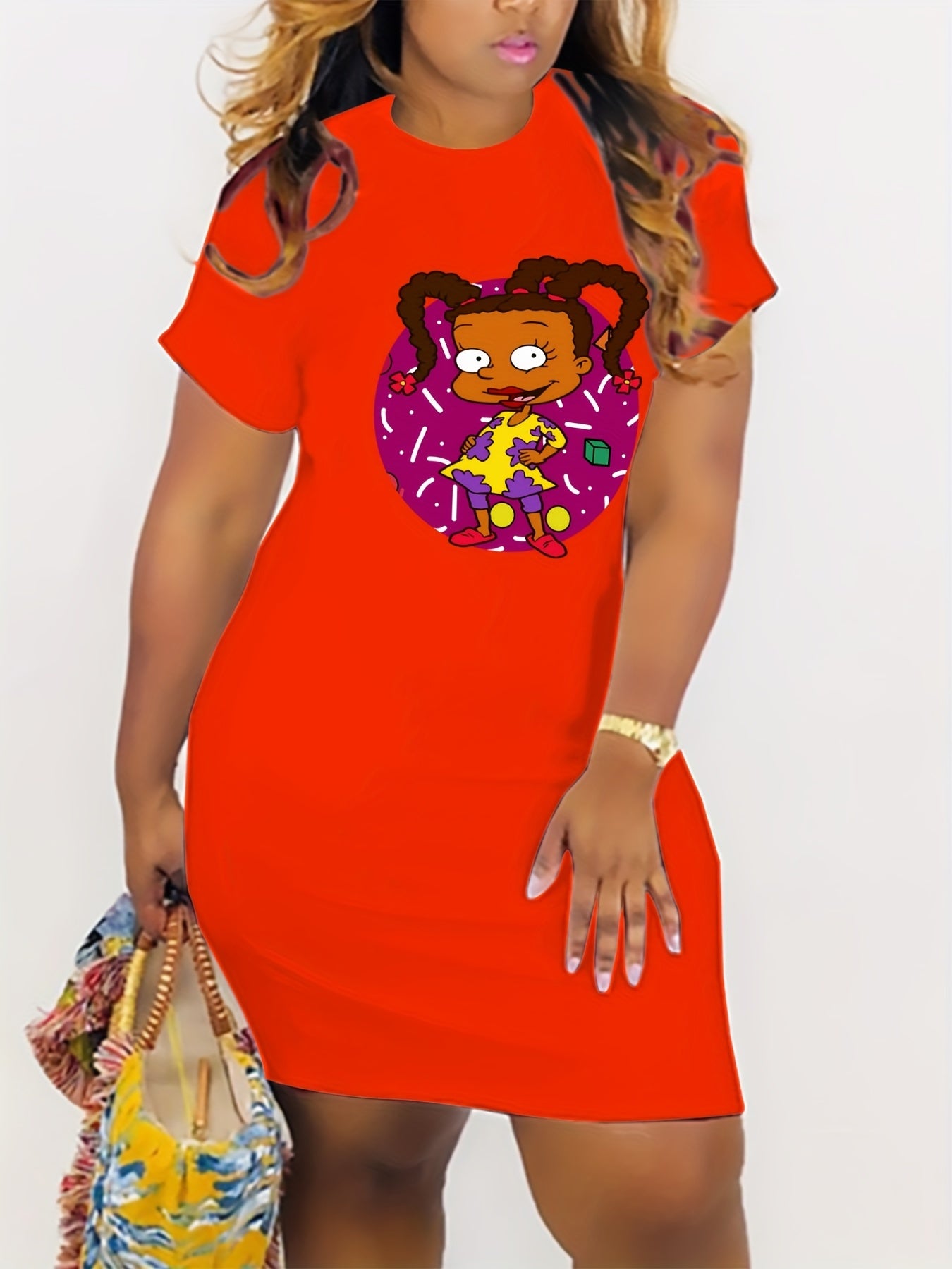 Casual Dress Women's Plus Cartoon Figure Print Short Sleeve