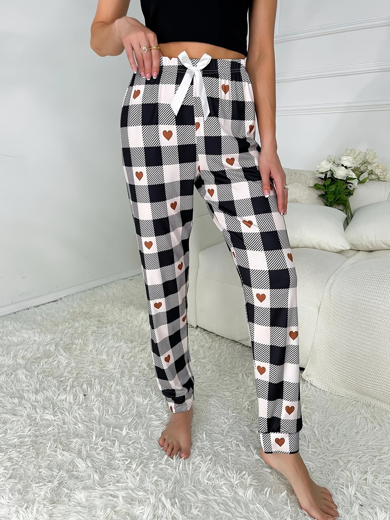 Heart Print Plaid Sleep Bottoms Casual & Comfy Bow Sleep Pants Women's Sleepwear