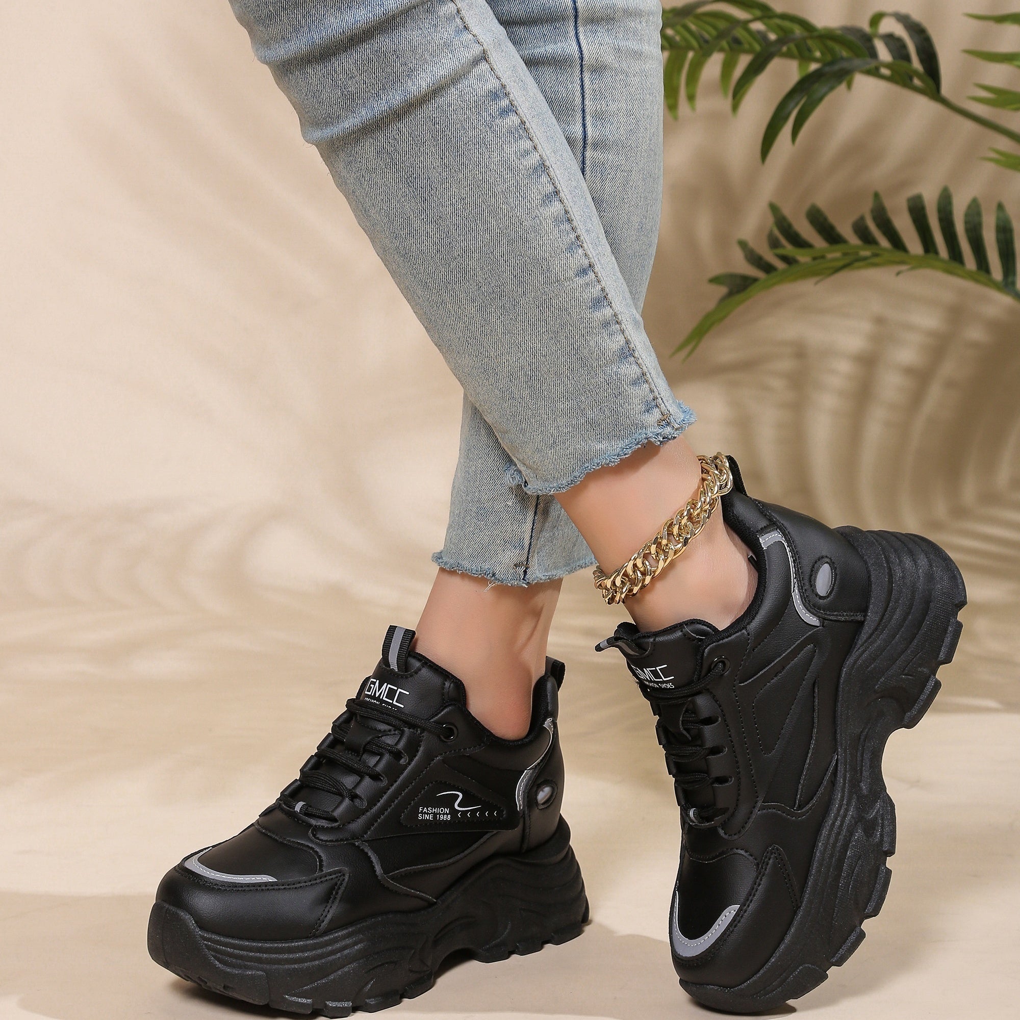 Platform Lace Up Chunky Sneakers Non slip Thick Sole Hidden Heel