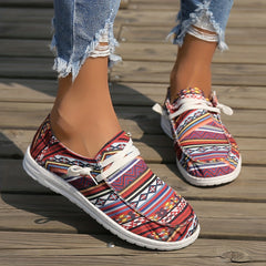 Women's Geometric Pattern Canvas Shoes Round Toe Slip On Comfy Flat Sneakers