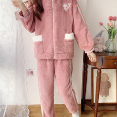 Heart Print Fuzzy Lounge Set Zipper Top & Pants
