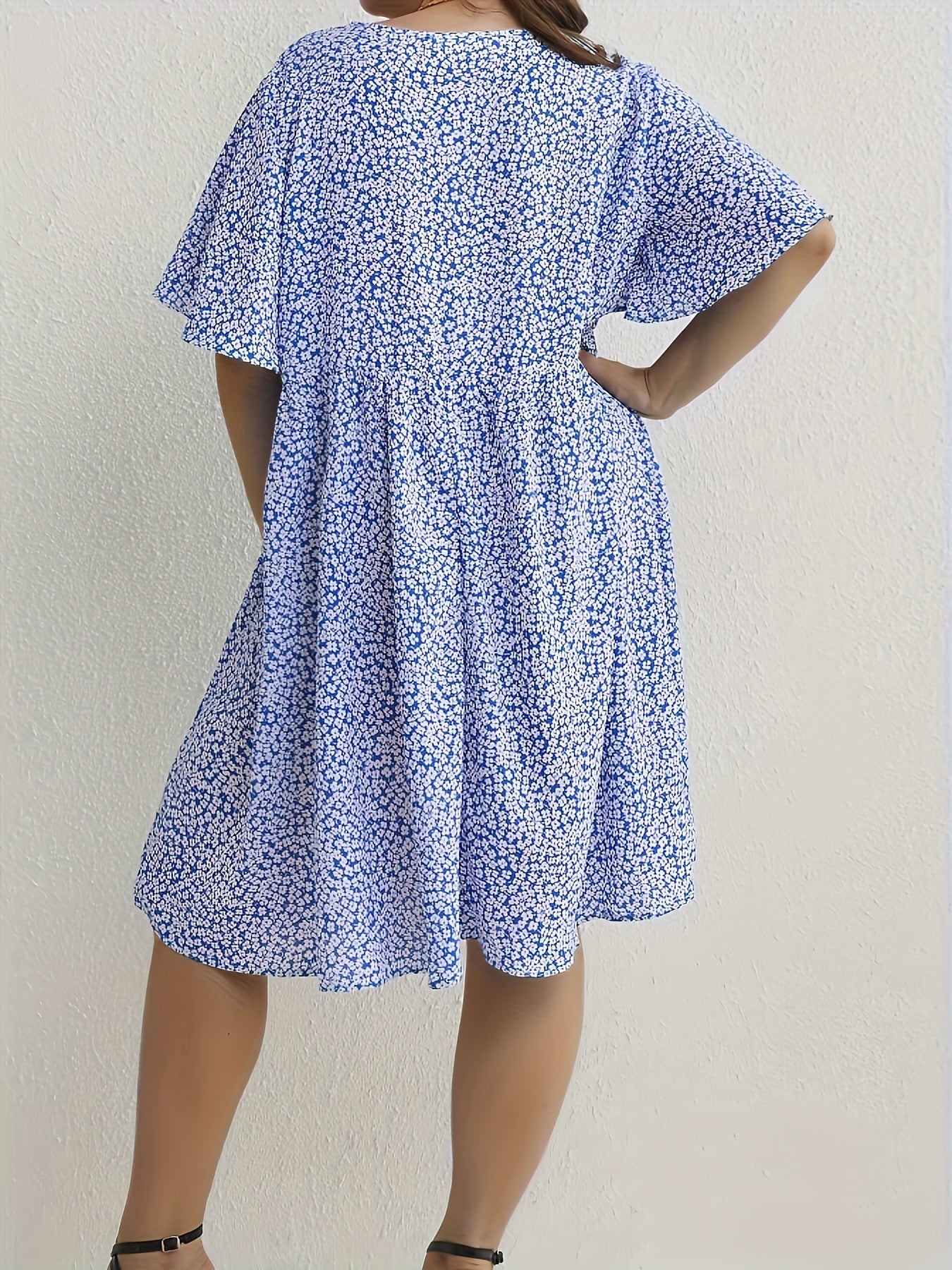 Floral Print V Neck Dress Cap Sleeve Casual Stretch Women's