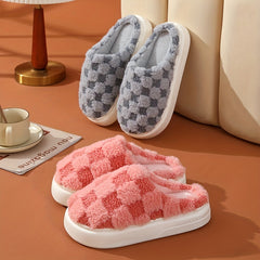 Women's Plaid Pattern Slippers Slip On Round Toe Non slip Home Fluffy Slides Sho