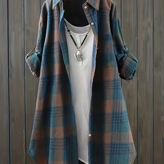 Plaid Print Button Up Roll Up Sleeve Turn Down Collar Blouse