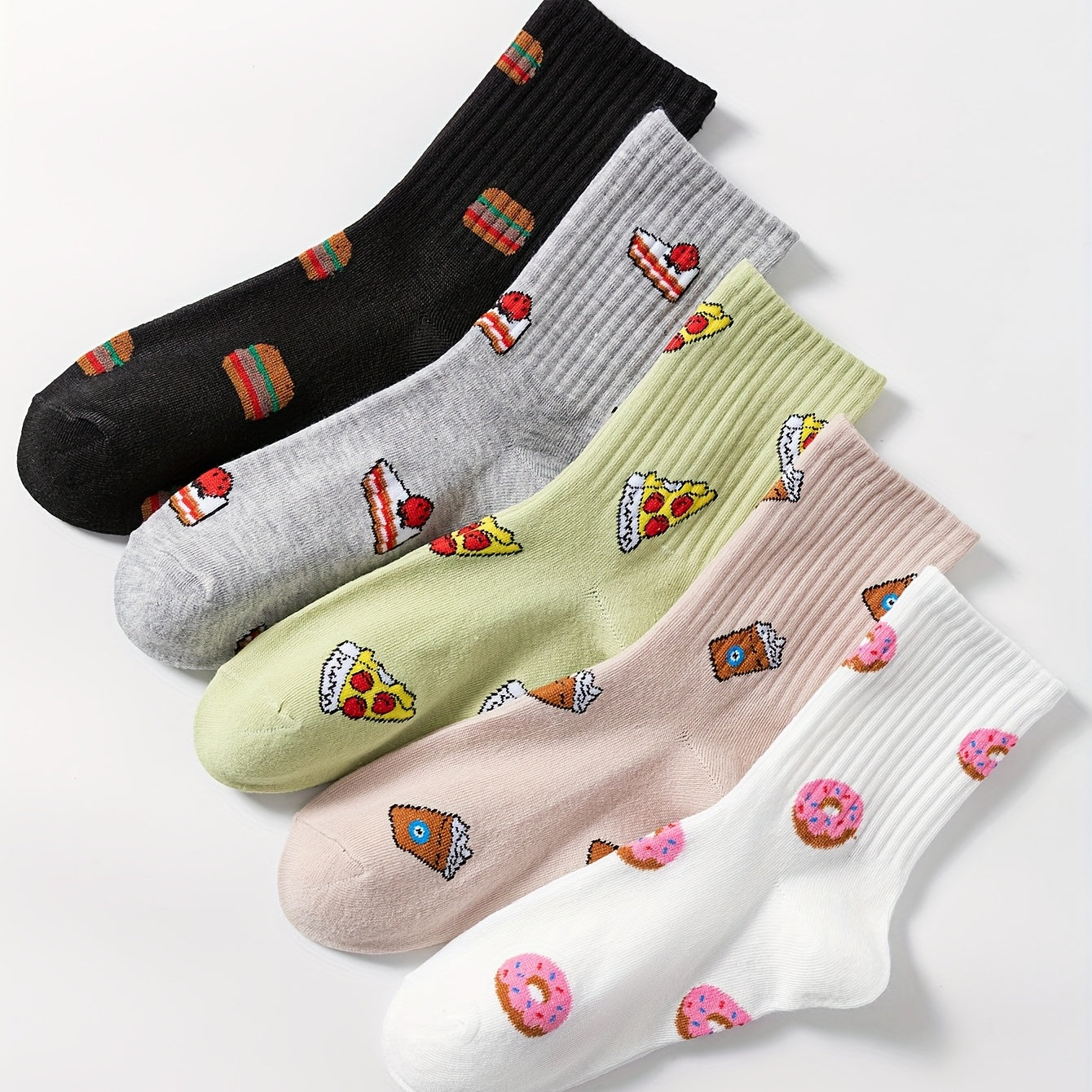 5 Pairs Cartoon Food Print Socks Comfy & Crew Socks Women's Stockings