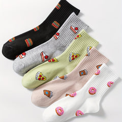 5 Pairs Cartoon Food Print Socks Comfy & Crew Socks Women's Stockings
