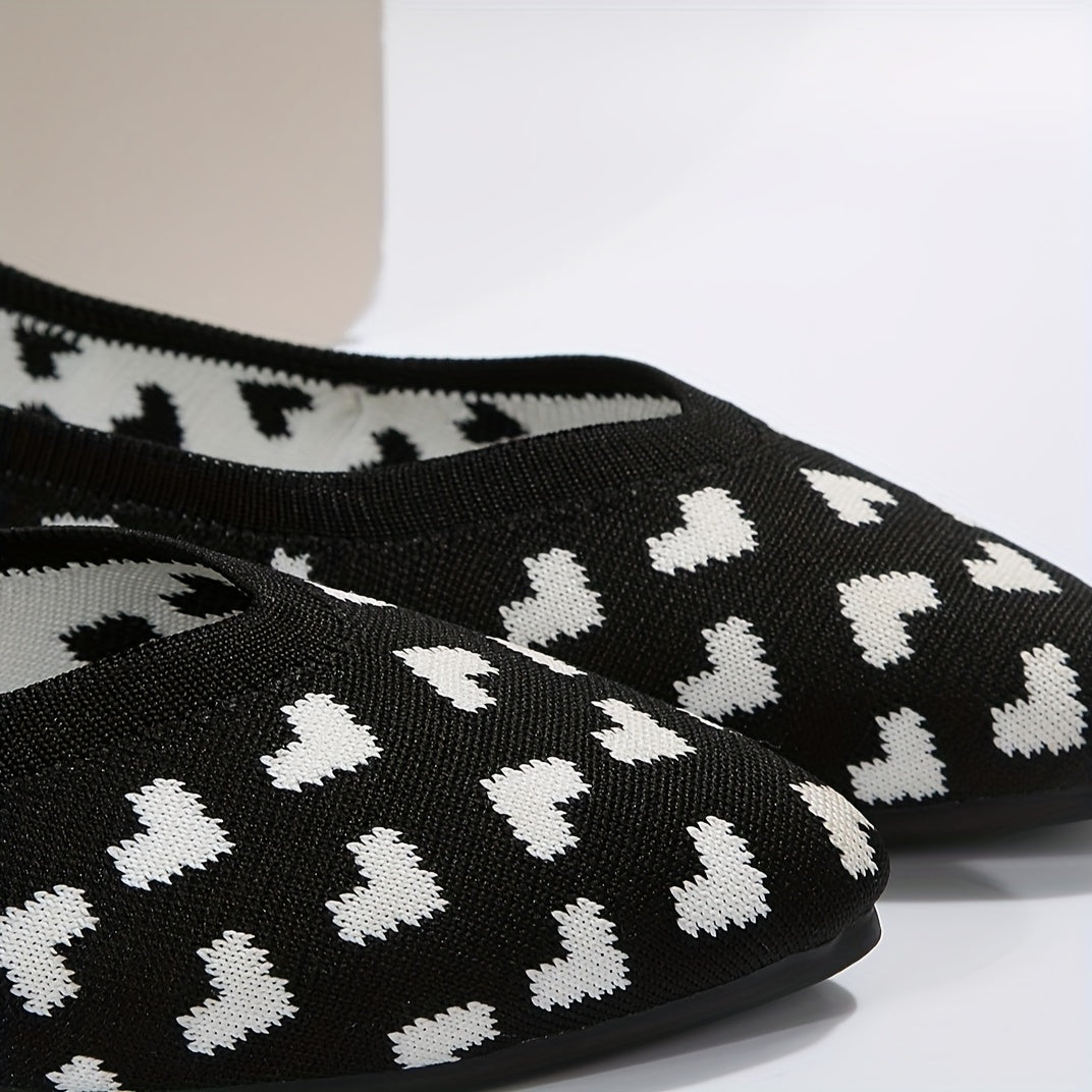 Women's Heart Pattern Flats Pointed Toe Knitted Slip On Shoes