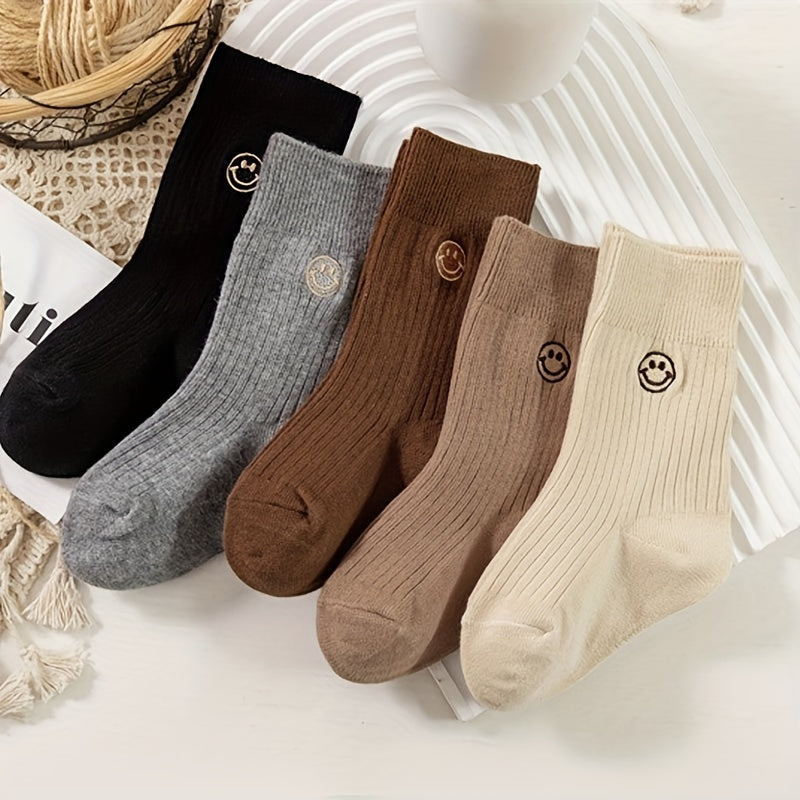 5 Pairs Kids Cotton Thick Warm Socks Embroidered Smiling Face Boys Girls Baby