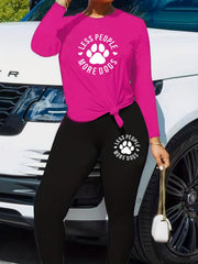 Women's Paw & Slogan Print Top & Leggings Two Piece Set