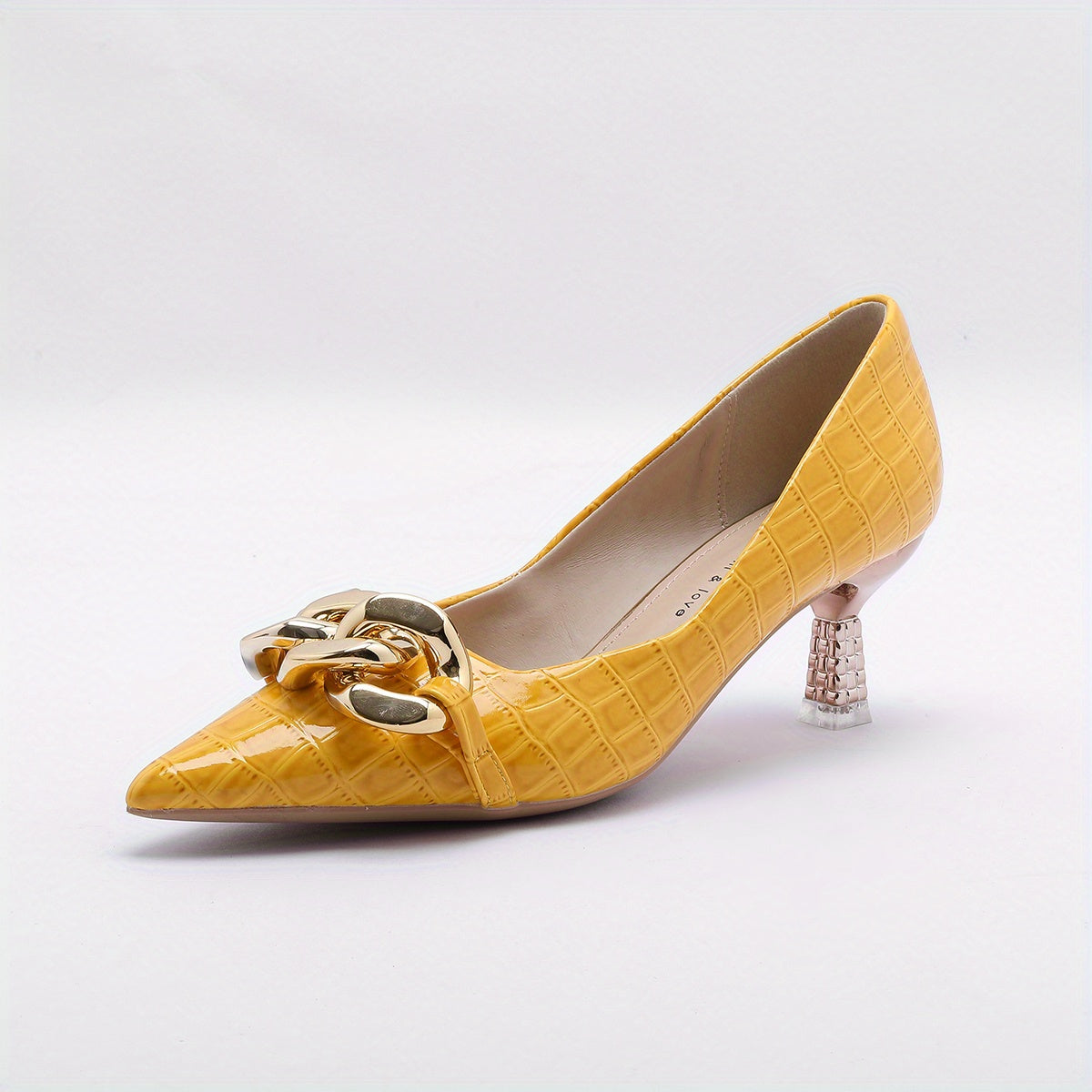 Chain Decor Pointed Toe Pumps Slip On Mid Heels