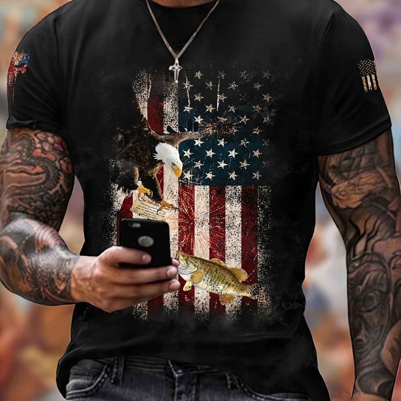 Flag Pattern Print Men's Short Sleeve Retro T shirt Graphic Tee Men's Summer