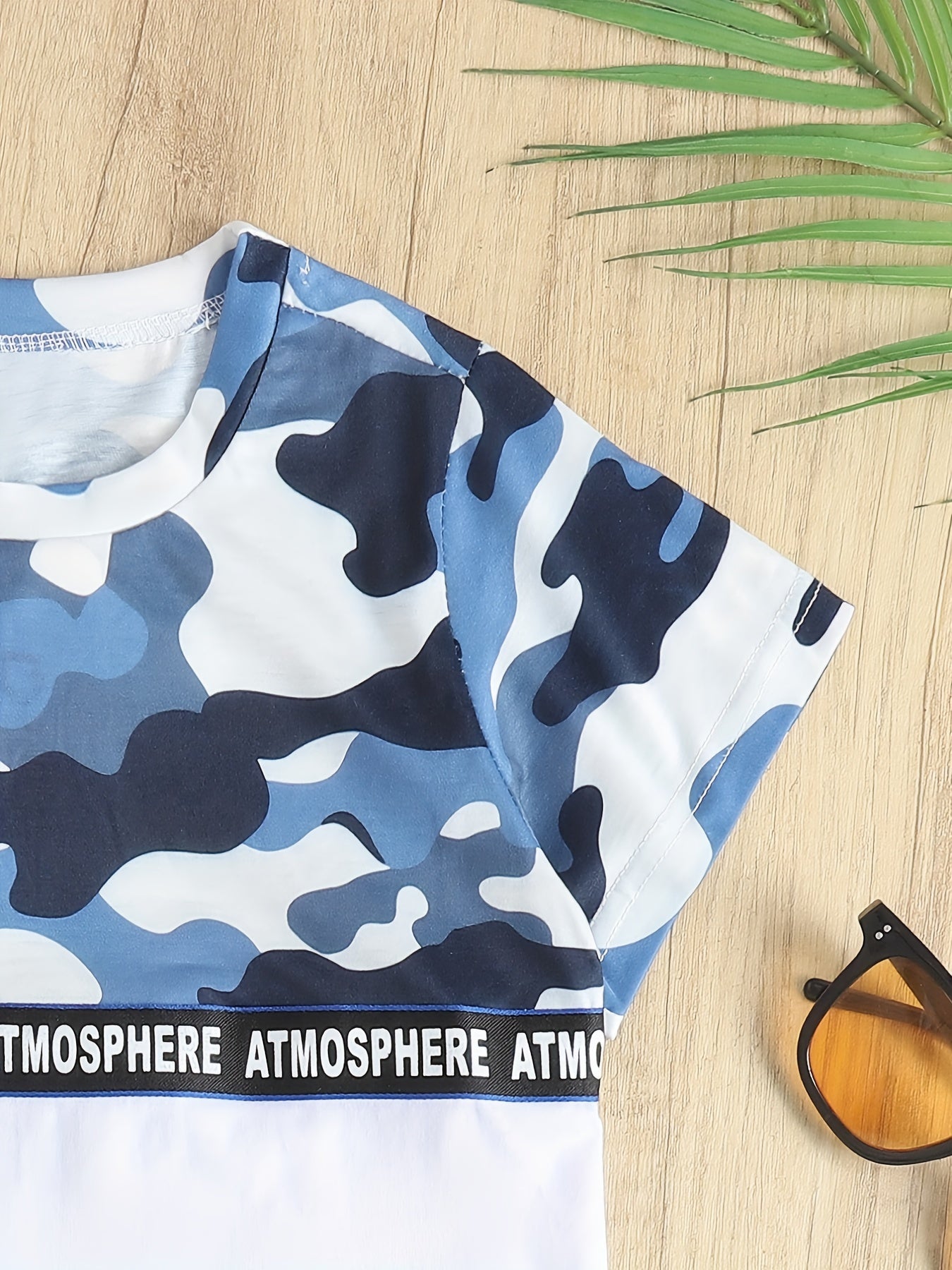 Boys Camo Outfit Set, Round Neck T-shirt & Pants, Kids Summer Clothing