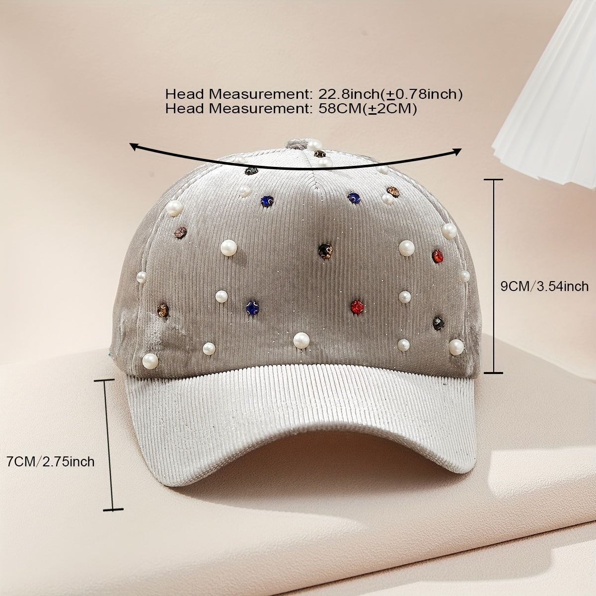 Faux Pearl Decor Baseball Cap Rhinestone Corduroy Sun Hat Lightweight