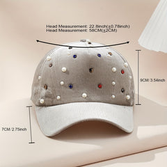 Faux Pearl Decor Baseball Cap Rhinestone Corduroy Sun Hat Lightweight