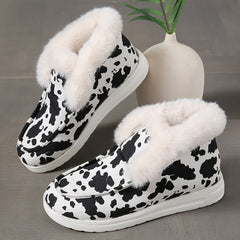 Cow Print Snow Boots Warm Plush Lined Slip On Flat Shoes