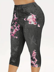 Floral & Denim Print Capris Leggings Casual Crop Leggings