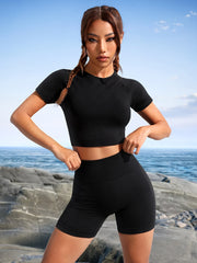 2pcs Solid Casual Suits Short Sleeve High Stretch T shirt & High Waist Butt Lift