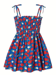 Toddler Girls Strawberry Fruit Graphic Frill Trim Shirred Bow Shoulder Princess