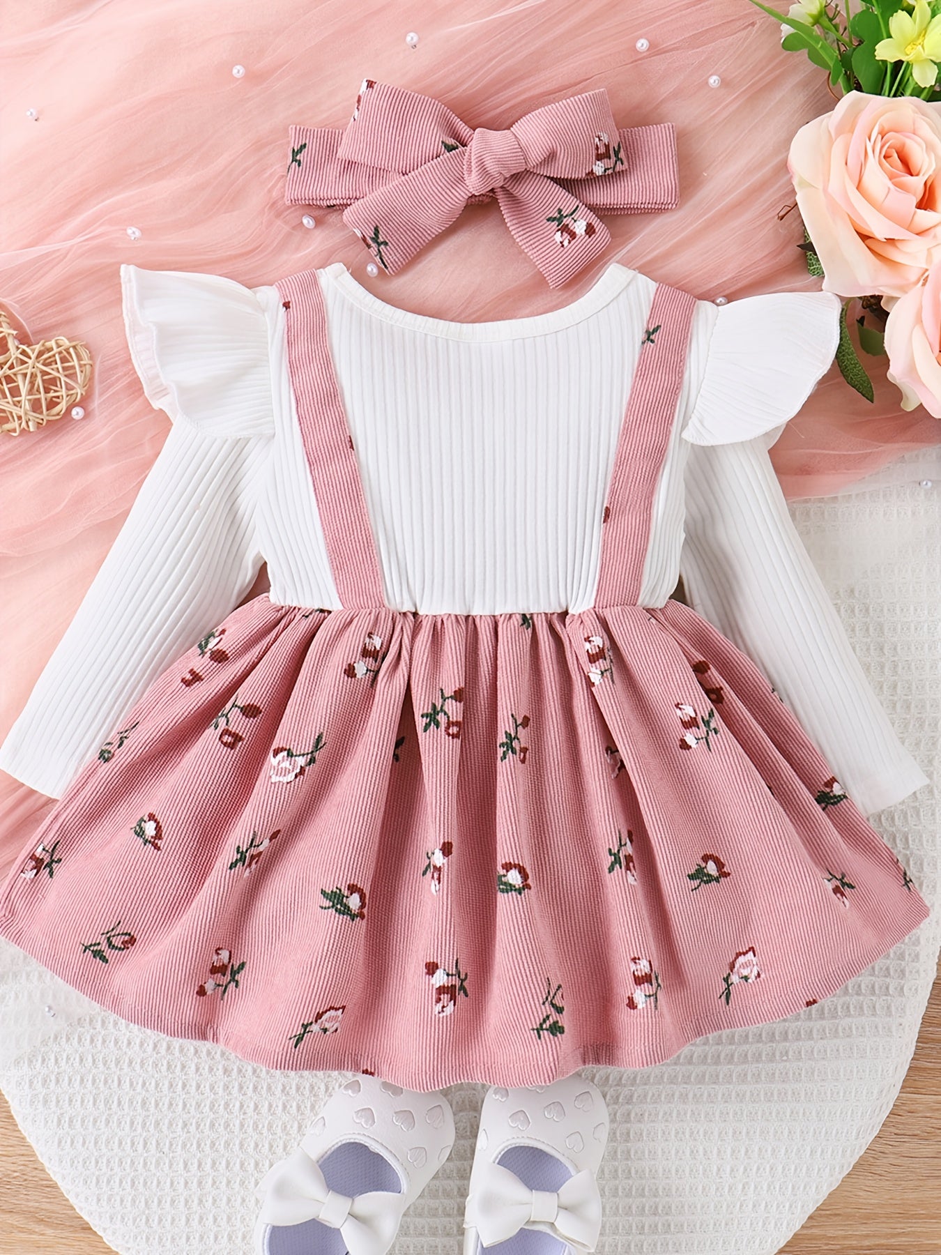 2pcs Floral Print Big Bow Baby Girl Dress With Headband Set