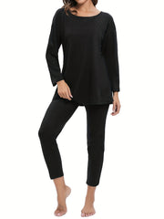 Women's Solid Lounge Set Long Sleeve Crew Neck Top & Pants