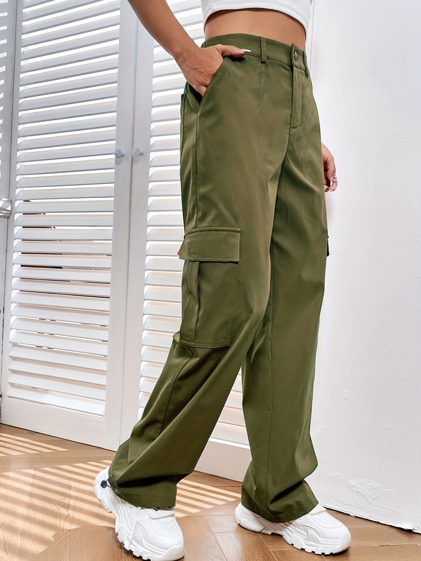 Solid Pocket Cargo Pants Casual Loose Elastic Waist Pants Women's Clothing