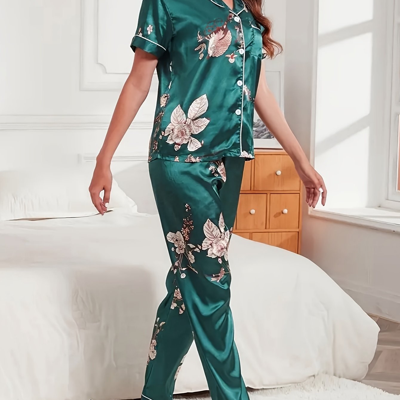Floral Print Pajama Set Short Sleeve Top & Pants Women's Sleepwear