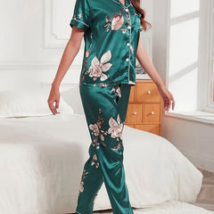 Floral Print Pajama Set Short Sleeve Top & Pants Women's Sleepwear