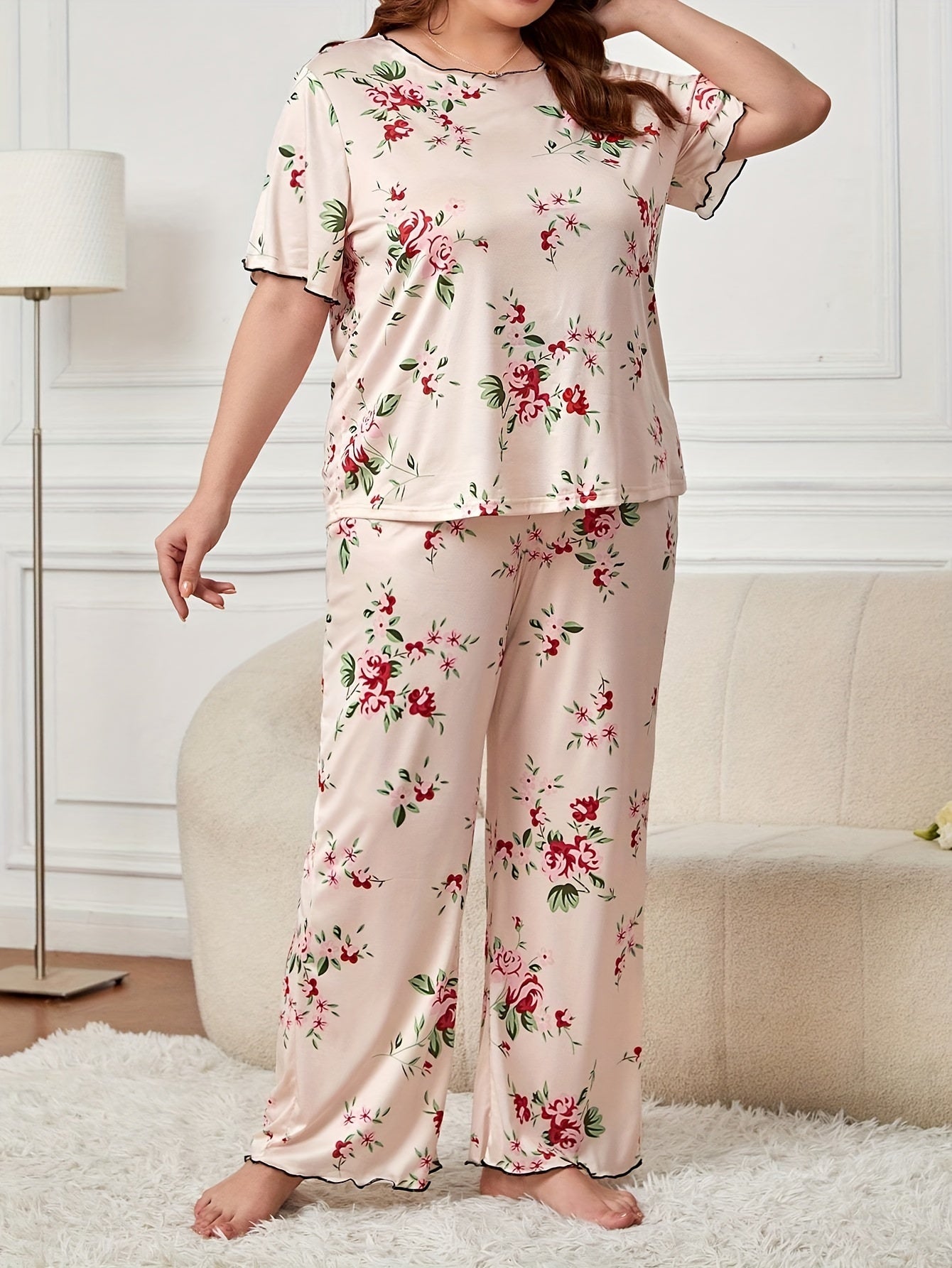 Floral Print Pajama Set Women's Round Neck Tee & Pants Home Wear