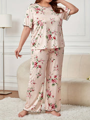 Floral Print Pajama Set Women's Round Neck Tee & Pants Home Wear