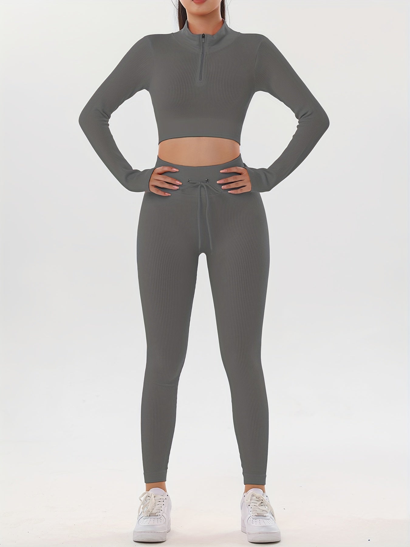 Ribbed Yoga Sports Set Long Sleeve Crop Top & Leggings