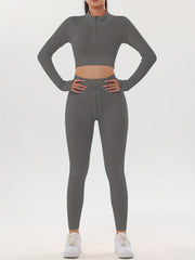 Ribbed Yoga Sports Set Long Sleeve Crop Top & Leggings