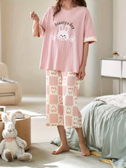 Bunny Print Pajama Set Short Sleeve Top & Heart Crop Pants Women's Sleepwear