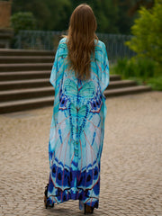 Boho Cover Up Tie Dye Stripe Print V Neck Bat Sleeve Split Dress