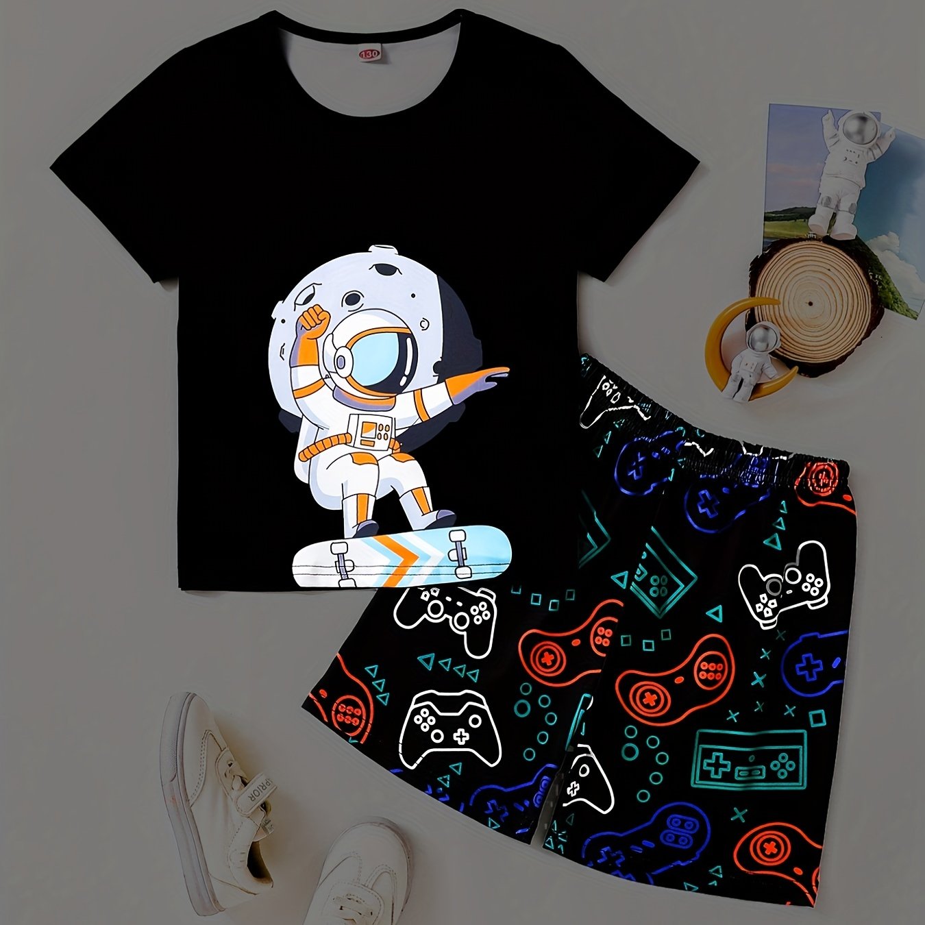 Boys Astronaut Skater Graphic T-shirt & Gamepad Shorts Set