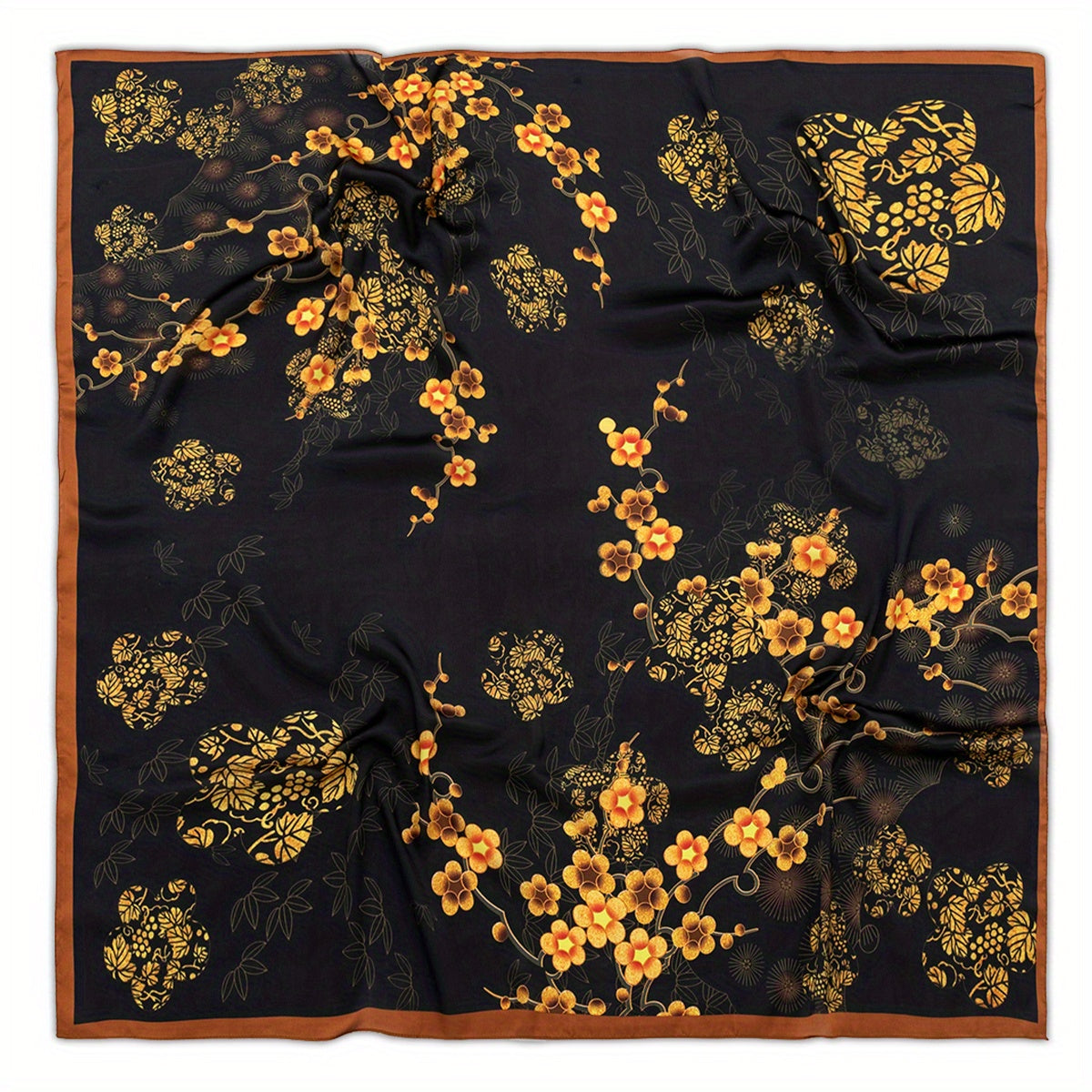 Golden Plum Blossom Print Bandana Vintage Shawl Satin Large Square Scarf