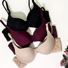 3pcs Lace Stitching Push Up Bra Comfy Everyday T Shirt Bra Women's Linger
