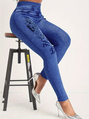 Denim Butterfly Print High Rise Leggings